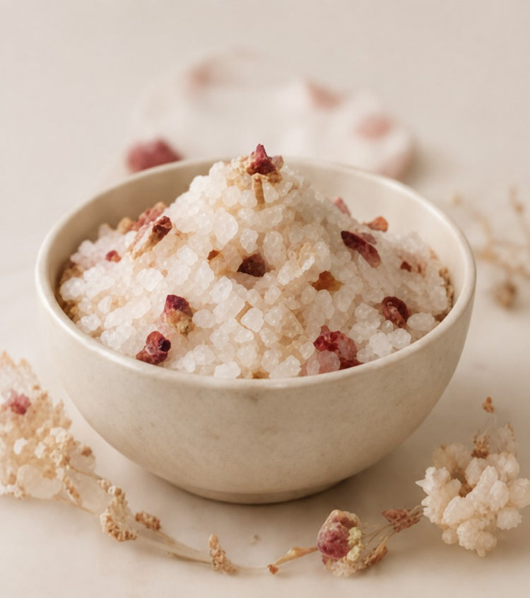 Rose petal bath salts in a ceramic bowl