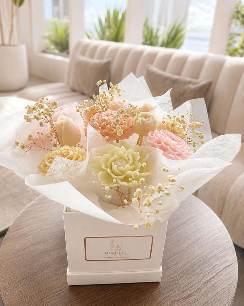 Bloom Soap Bouquet lifestyle photo of handmade floral soaps on a table